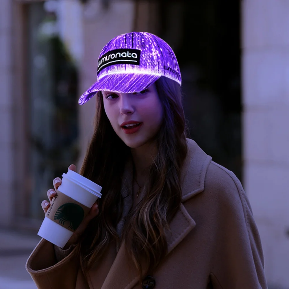 LUMISONATA USB Rechargeable Led Hat Adjustable 7 Colors Glow Led Baseball Cap Fiber Optic Led Rave Hat For Festival Party