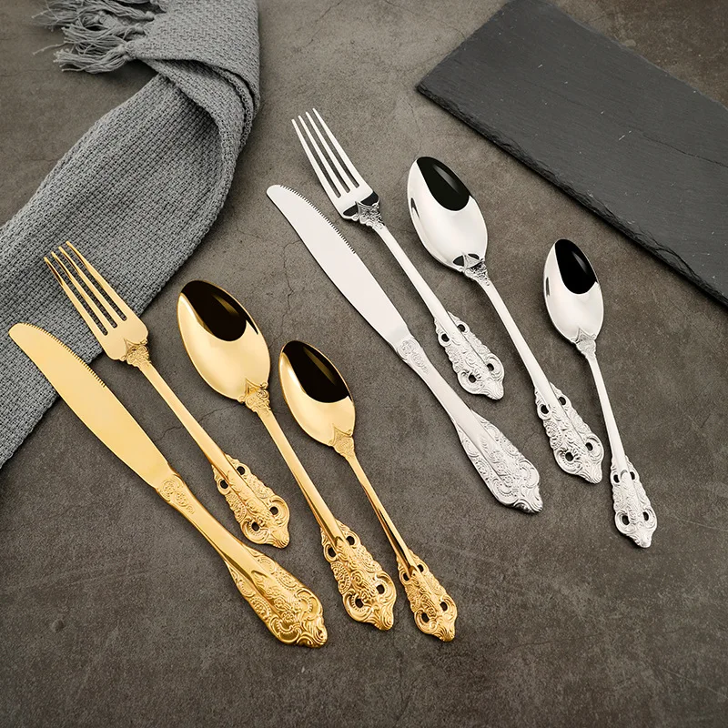 Royal Luxury Cutlery Set Stainless Steel 18/10 Flatware Set Vintage Wedding Gold Plated Cutlery with Engraved Handle