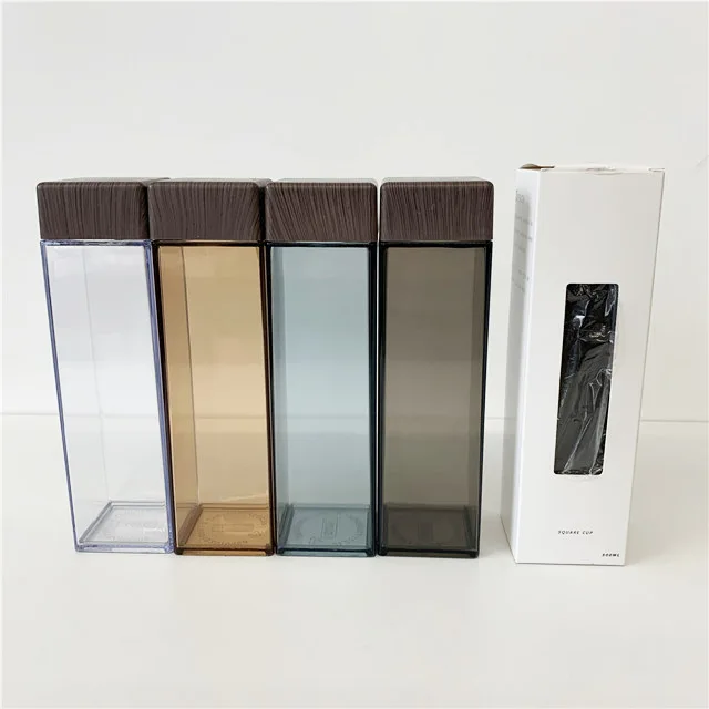 retro transparent square plastic milk cup bottle 500ml wood grain cover vintage square plastic water bottle with wood grain lid