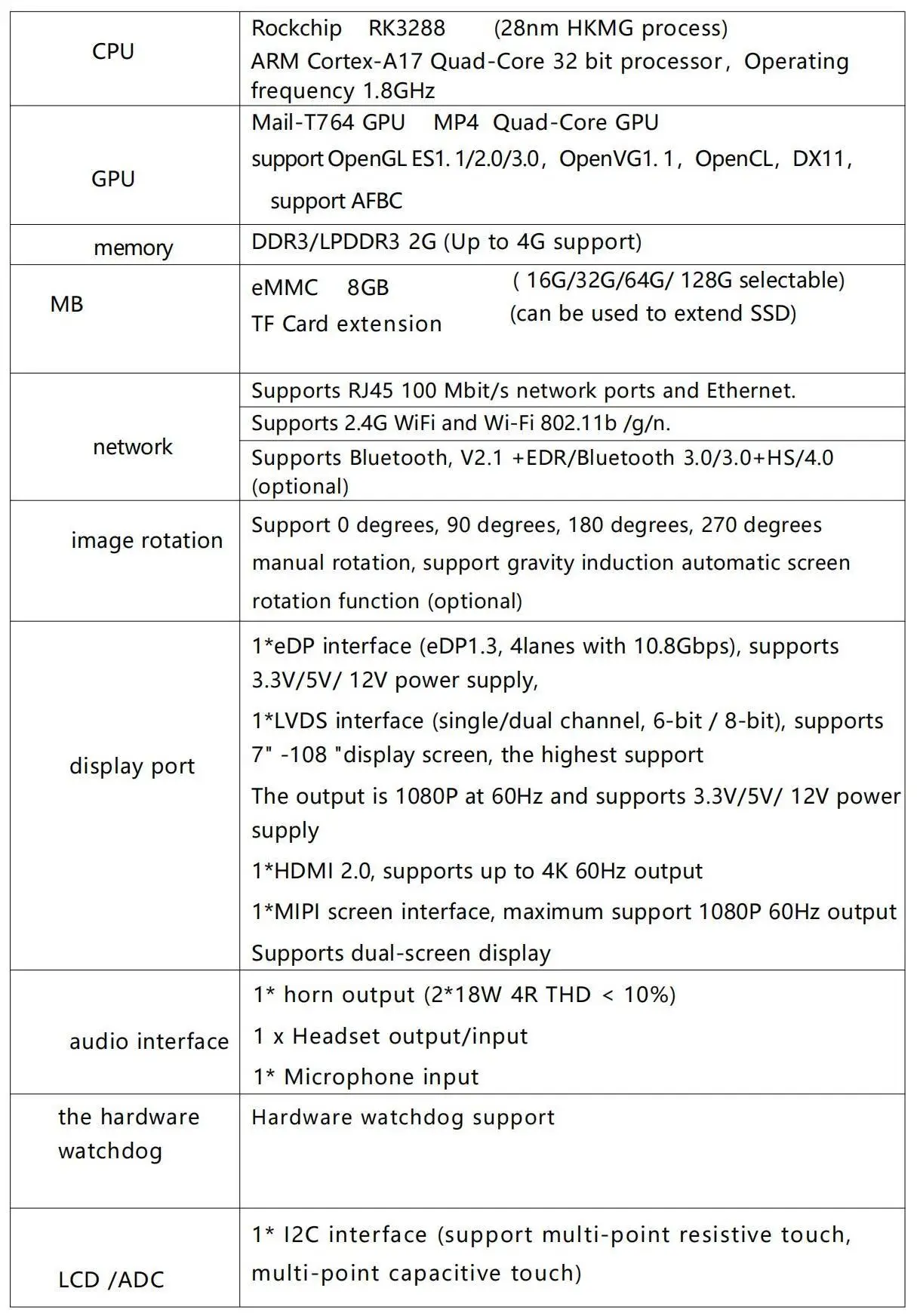 Automatic industrial control machine industrial embedded computer Android four core RK3288 Android Pcba Motherboard