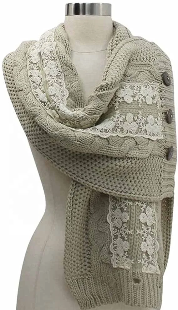Cable Knit Scarf Neck Wrap With Lace & Button Trim