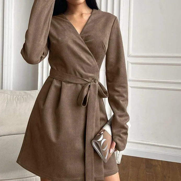 Micro Suede Sexy  Party Dresses Graduation Evening Ladies Front Short Back Long Women Commute Shearling Tie-up V-neck Mini Dress