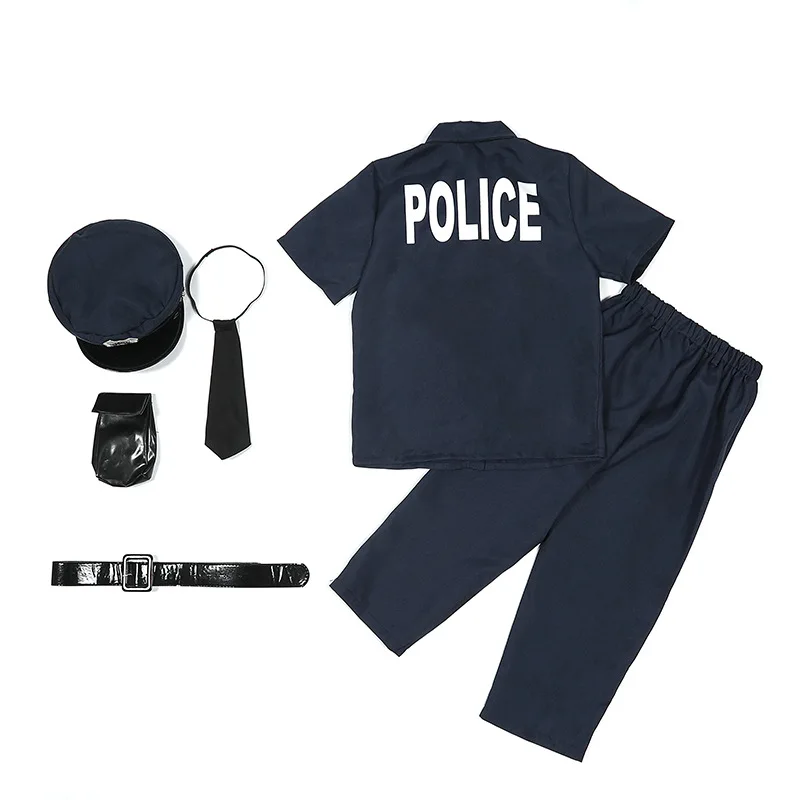 Hight Quality Police Officer Cosplay Cute Police Uniform Blue Suit With Hat Costume Halloween  Boy