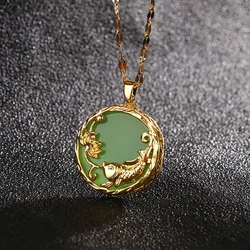 NUORO Fashion 18K Gold Plated Stainless Steel Chain Necklace Chinese Style Jewelry Round Green White Gemstone Jade Necklace