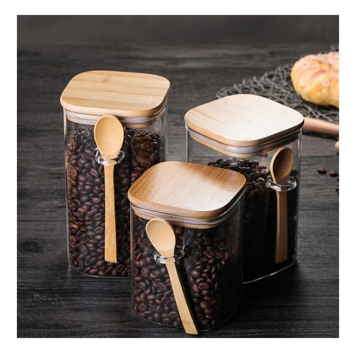 Eco-Friendly Feature borosilicate glass food spice jar clear glass storage jar with bamboo spoon and press lid