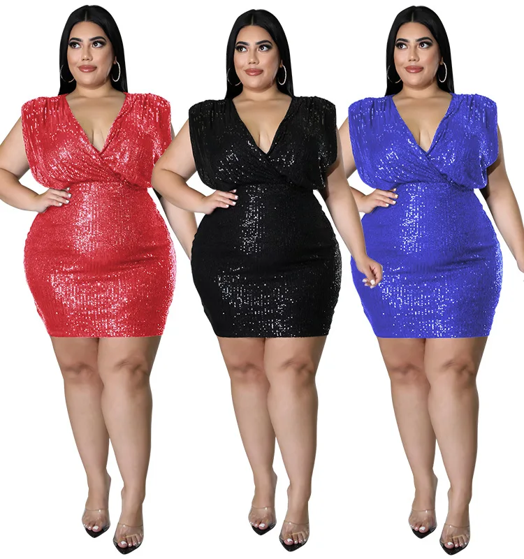 XL To 5xl Vest Mini Party Evening Sleeveless Halter Sling Sexy Women Sparkle Sequin Large size Short Dress