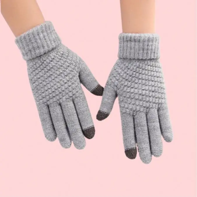 Unisex Full Finger Winter Gloves Touch Screen Technology Stretch Knitted Wool Mittens Fruit Pattern Button Storage