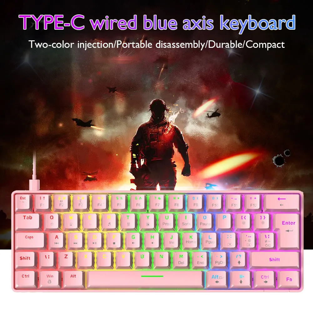 T60 Mechanical Keyboard Blue Switch 62 Keys USB Type C Wired Gaming Mechanical RGB Keyboard with 18 RGB Lights for PC Gamer