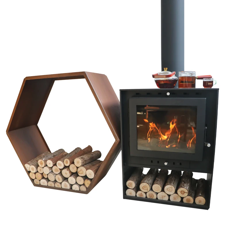 freestanding outdoor corten steel stove with firewood storage cube-shaped terrace stove mobile outdoor corten steel fireplace