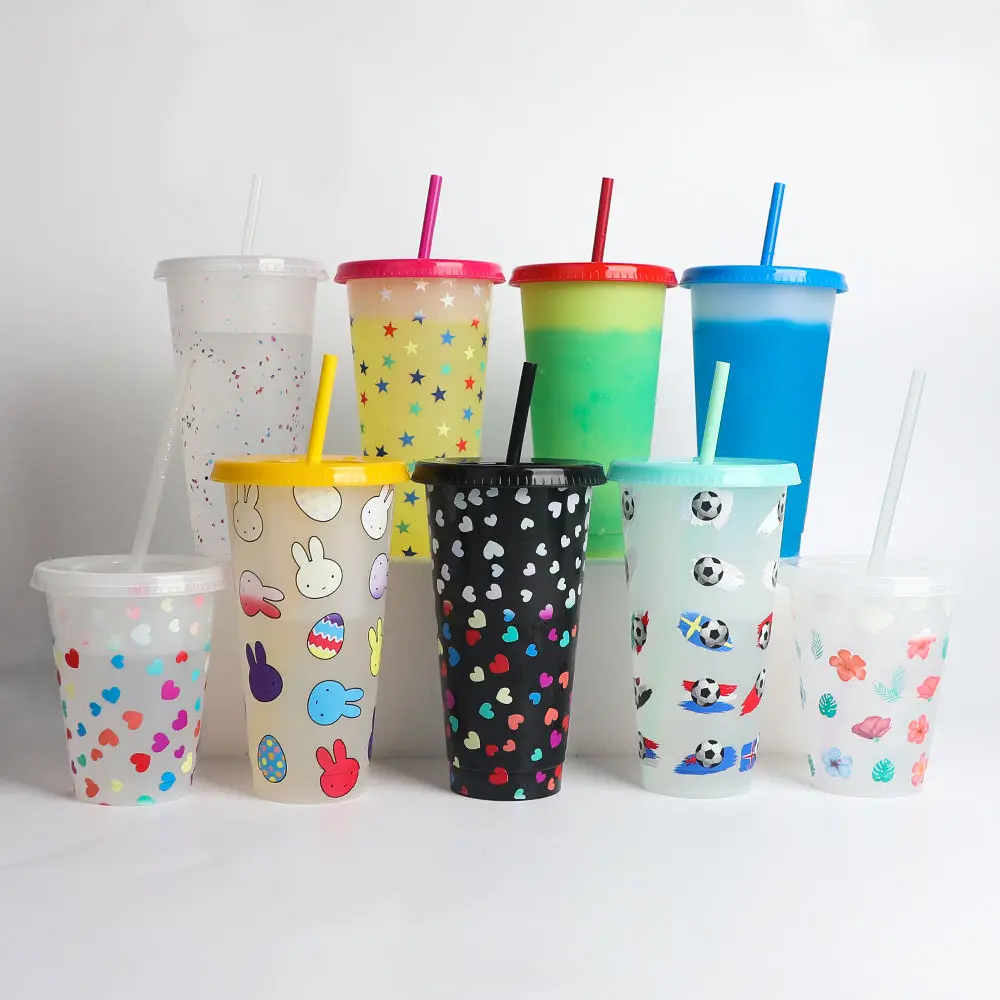 Bpa Free custom 16 24 oz colored Plastic coffee magic tumbler reusable cold water color changing cup with lids and straws