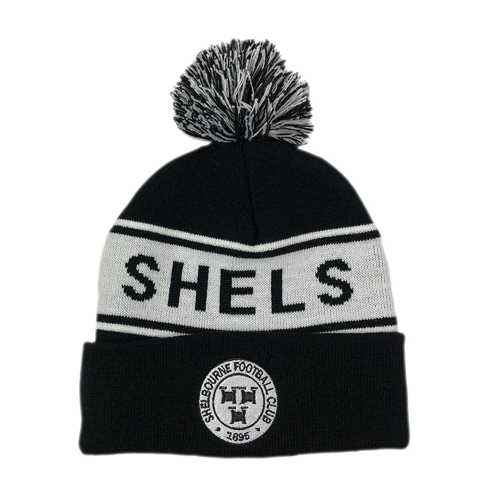 Australian travelling knit hat for men Black jacquard character sport touques Embroidered football caps customized pompom beanie