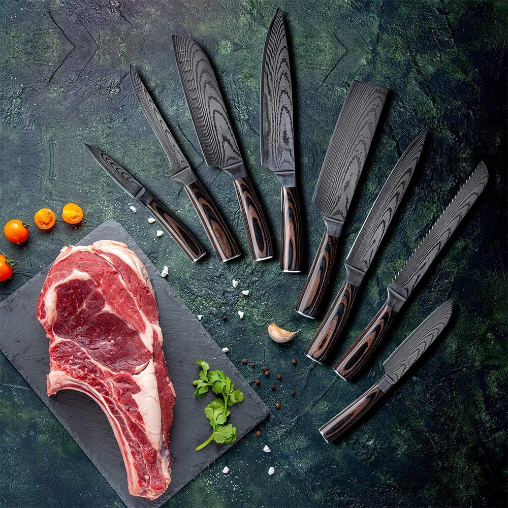 Custom Logo 8 piece Premium Japanese Chef Knife with Pakka Wood Handle Laser Damascus Pattern Kitchen Knife Set