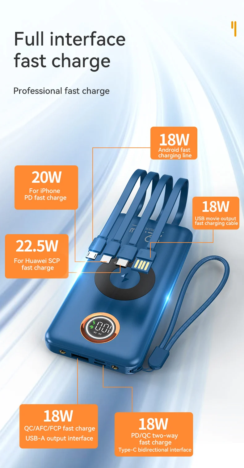 Multifunction 7-in-1 Power Bank 20000mAh External Battery Wireless Charge 18W 20W 22.5W PD Fast Charging Power Bank