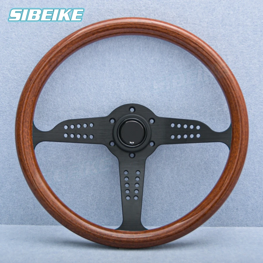 JDM Classic Vintage Wood Style Grand Prix Steering Wheel Black Silver Spoke Wood Film Racing Sports Steering Wheel