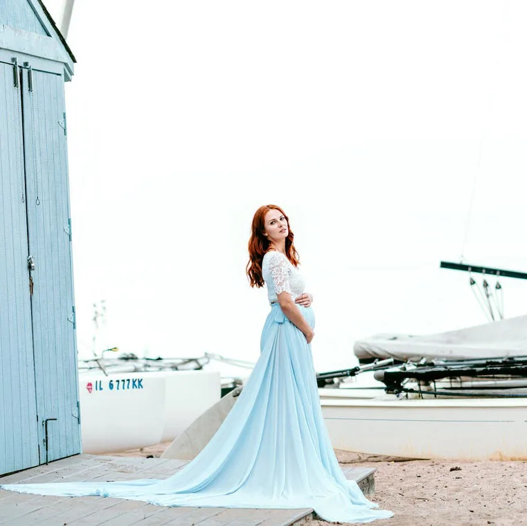 
Elegant Maternitty Lace Tulle Chiffion Joint Short Sleeve Tie Side O Neck Photography Photoshoot Prop Maxi Dress 