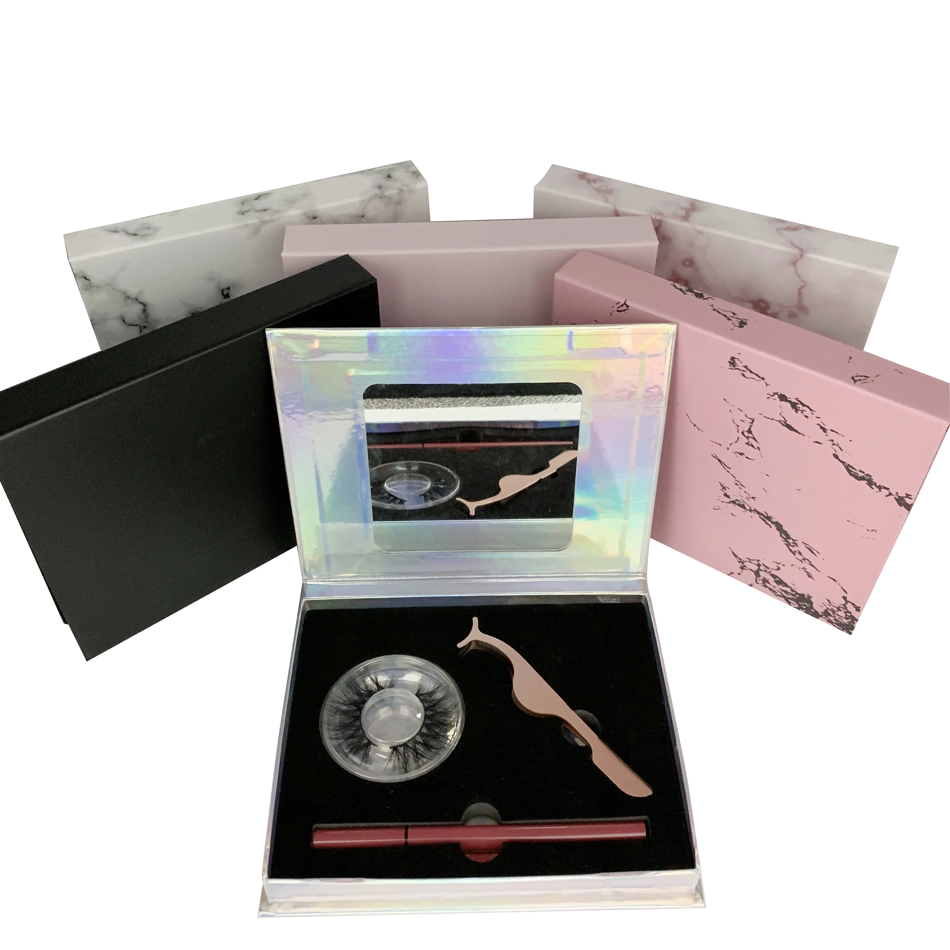 Custom Mirror False Eyelash Packaging Box Magnetic 3 Pairs Real Mink Eye Lash Extension Kit With Lashes Applicator and Glue