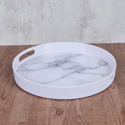 Round Shape White Marble Pattern Plastic Serving Trays Melamine Trays With Handle