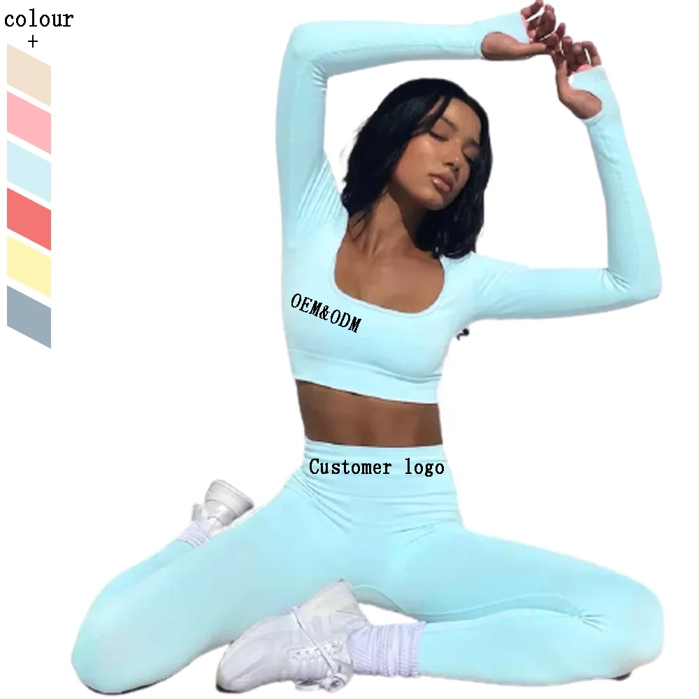 Оптовая продажа одежда для йоги тренировок бесшовный комплект с длинным рукавом колготки женские леггинсы и сексуальный спортивный бюстгальтер