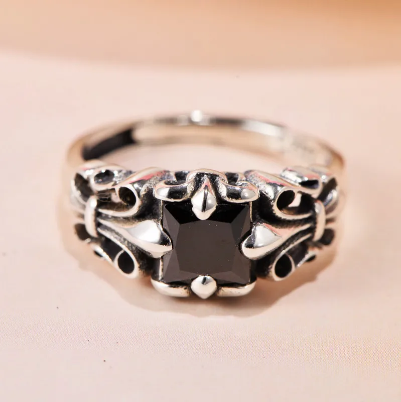 
Small black silver s925 sterling silver retro European crusader flower obsidian opening for men and women fashion trend ring 