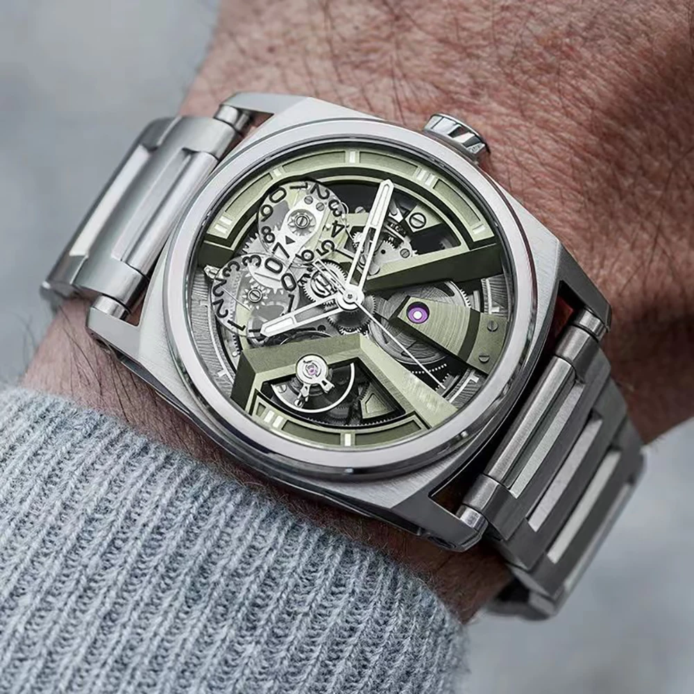 Men Artist Series Skull Automatic Skeletonized Dial Label Stainless Steel Bracelet Watch Water Resistant Analog Fashion Watch