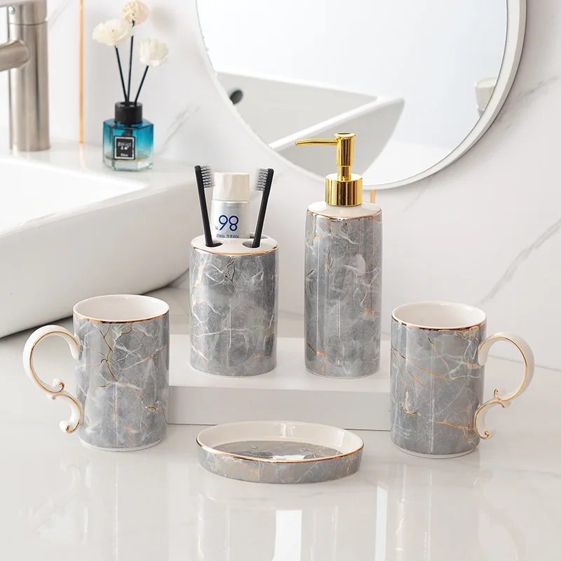 European style 3/4/5/6pcs bathroom mug cup lovers set with tray modern porcelain luxury bathroom accessory set ceramic