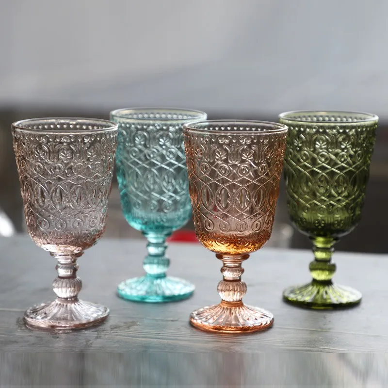 Vintage Colored Stemmed Glass Cups Embossed Design Customize Green Glass Modern