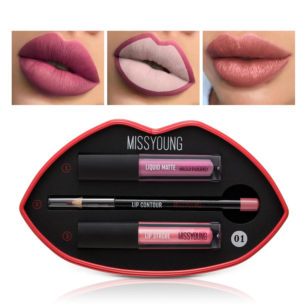 Hot selling lip gloss 2+1 set lip pencil lipstick Matte pearlescent lip gloss lipstick pen wish explosion
