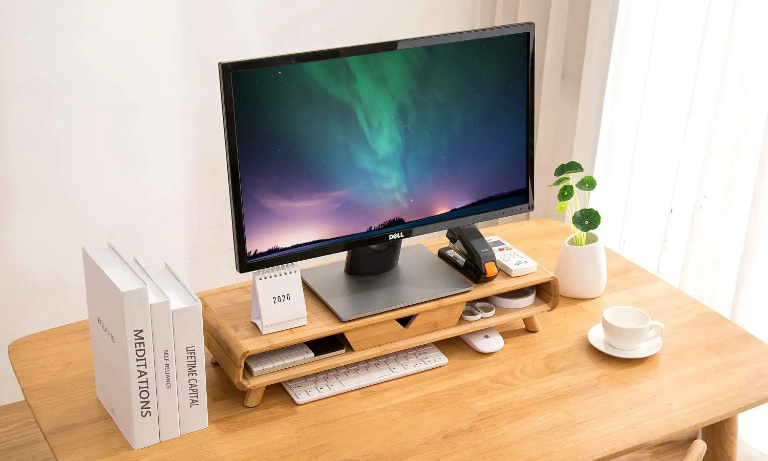 2022 Wood Bamboo Dual Computer Monitor Riser Desktop Screen Laptop Monitor Stand