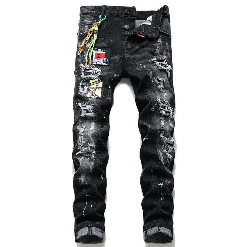 American Streetwear Fashion Men Jeans Painted Designer Slim Fit Elastic Punk Trousers Spliced Biker Jeans Homme Hip Hop Pants