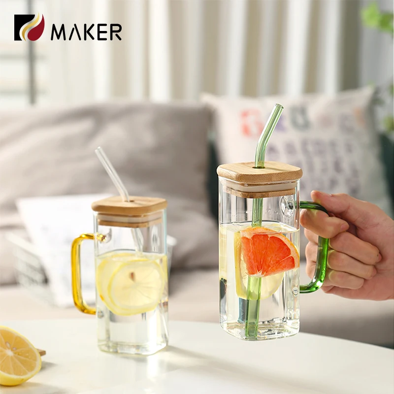 400ml Empty High Borosilicate Square Clear Glass Handle Straw Drinkware Bottle Cola Juice Milk Tea Water Cup With Bamboo Lid
