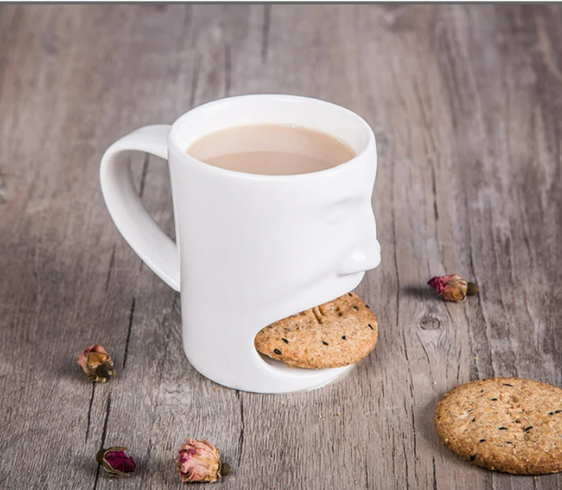 Wholesale ceramic cookie holder mug plain white breakfast milk coffee cookie cup biscuit coffee mugs