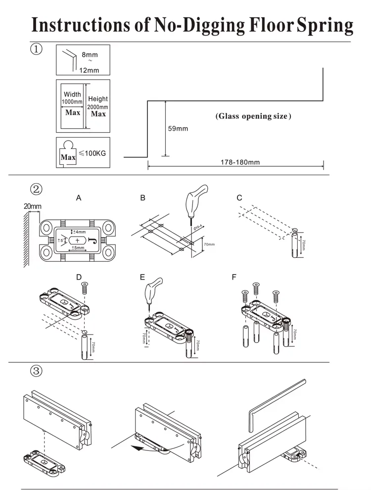 Glass Door Hardware Patch Fittings Stainless Steel 304 Square Spindle Hydraulic NO Digging Floor Spring
