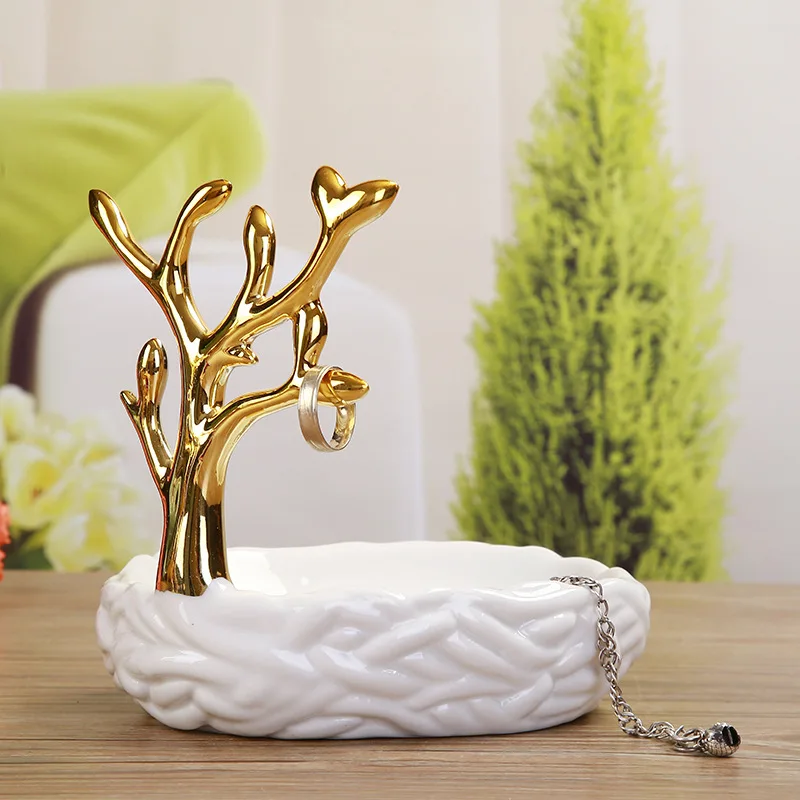 Ins creative bathroom decoration custom Nordic branch ceramic jewelry ring box