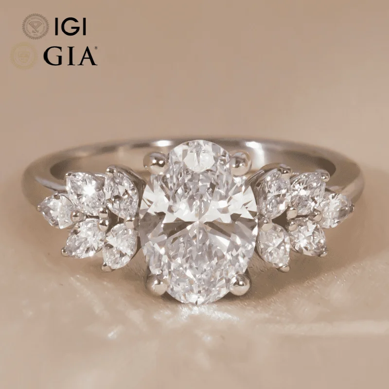Custom Gia Igi Certified Vvs Cvd Lab Grown Created Diamond 10k 14k 18k Gold Oval Cut Seven Stone White Gold Engagement Ring
