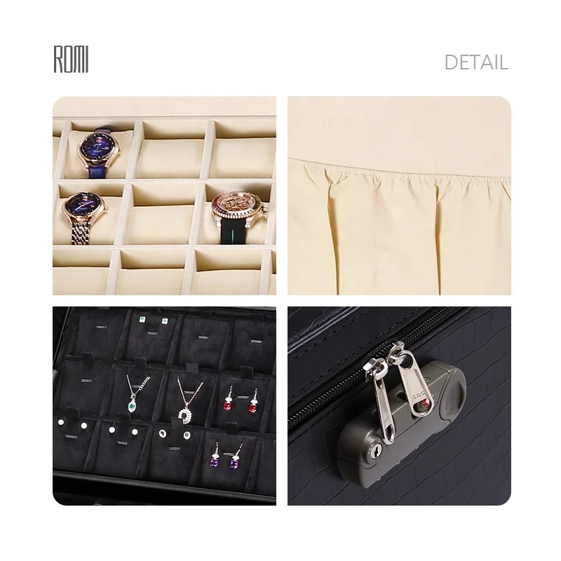 large black travel handle leather jewelry box watch jewellery organizer case