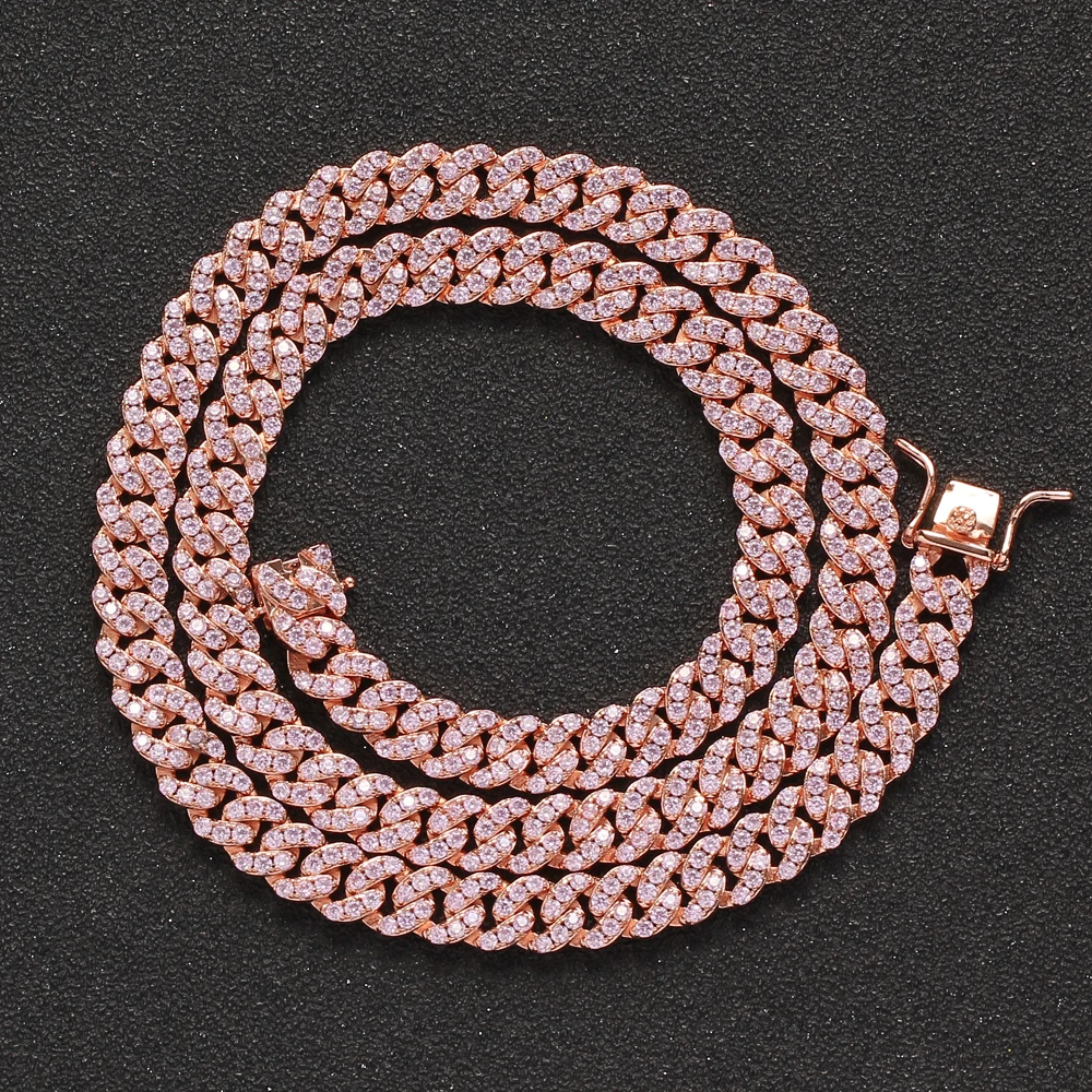 BC003 8mm Brass setting Zircon Cuban link Chain Necklace Hip hop Jewelry Bling CZ Chain Iced Out