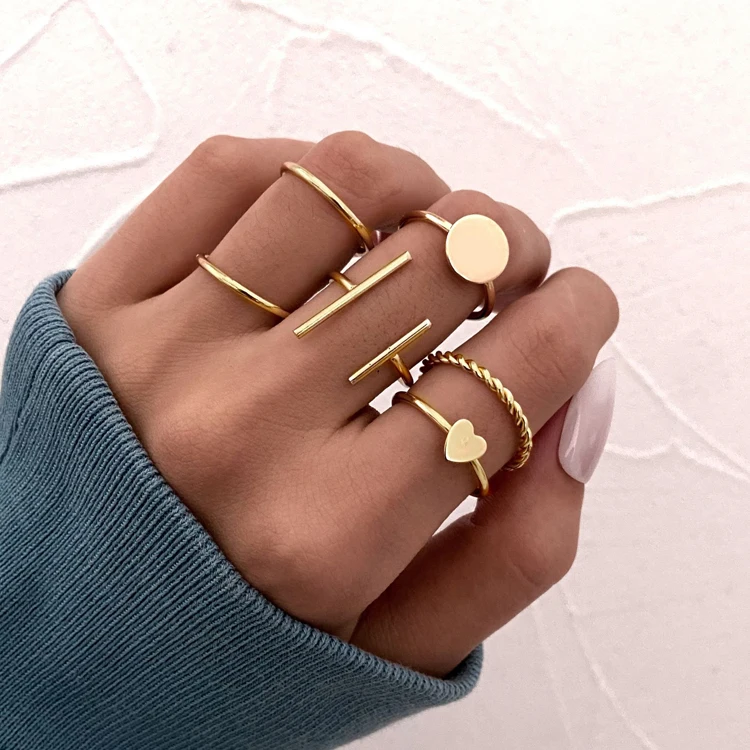 6 piece set of simple alloy round geometric joint ring ring female fashion letter heart ring set