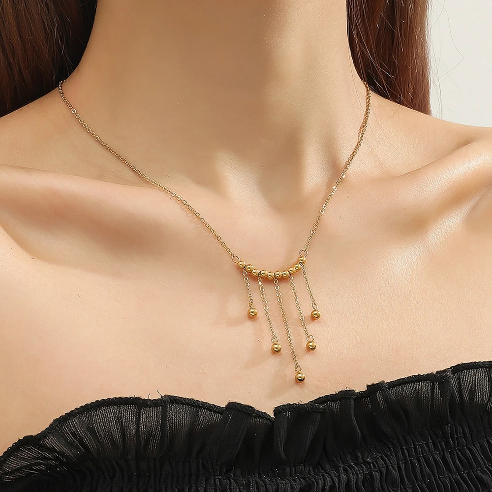 New Arrival Jewelry 18K PVD Gold Plated Bead Tassel Necklace Fashion Punk Stainless Steel Chain Choker Necklace For Women
