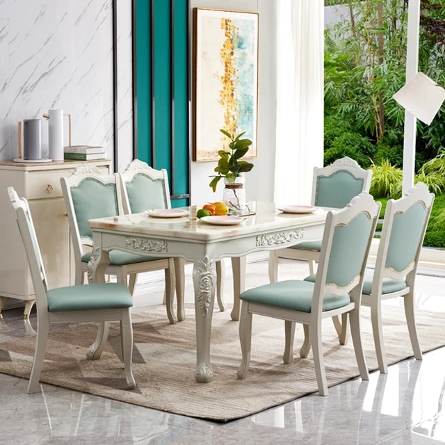 Nordic style High quality 6 seater Rectangular white marble top dining tables  sets modern tables
