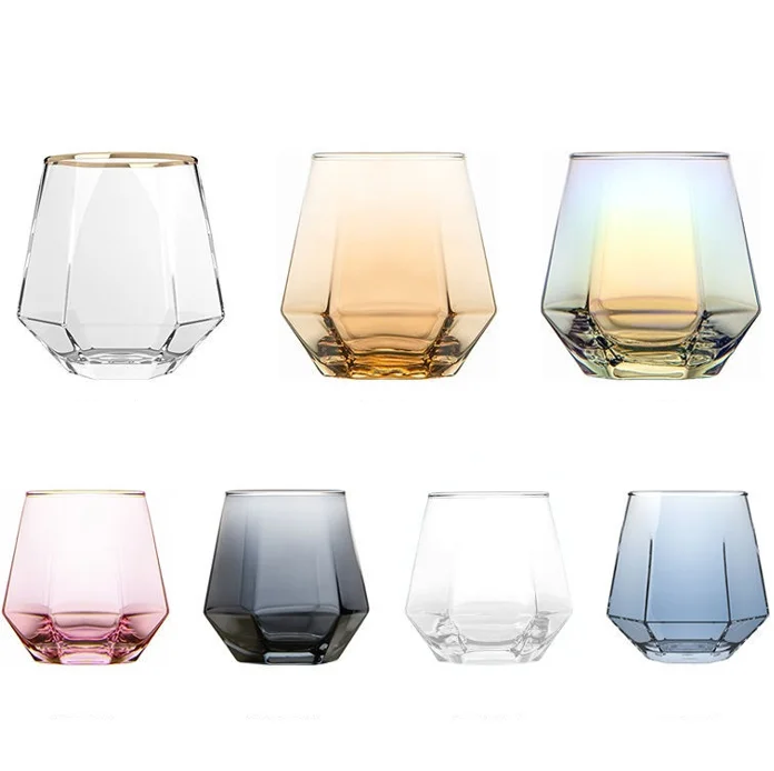 Wholesale 10oz Diamond Shaped Colored Hexagonal Stemless Drinking Glass Cup Whisky Vodka Glass Tumbler