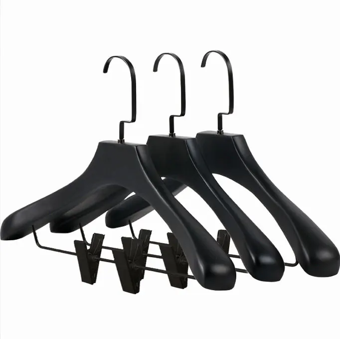 Store Custom LOGO 2 Piece Set Top Bottom Coat Pant Deluxe Black Wooden Hangers for Cloths
