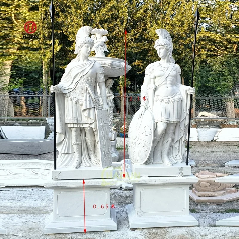 Outdoor Garden Antique Statues Roman Soldier Marble Greek Warrior Sculpture with Spear and Shield