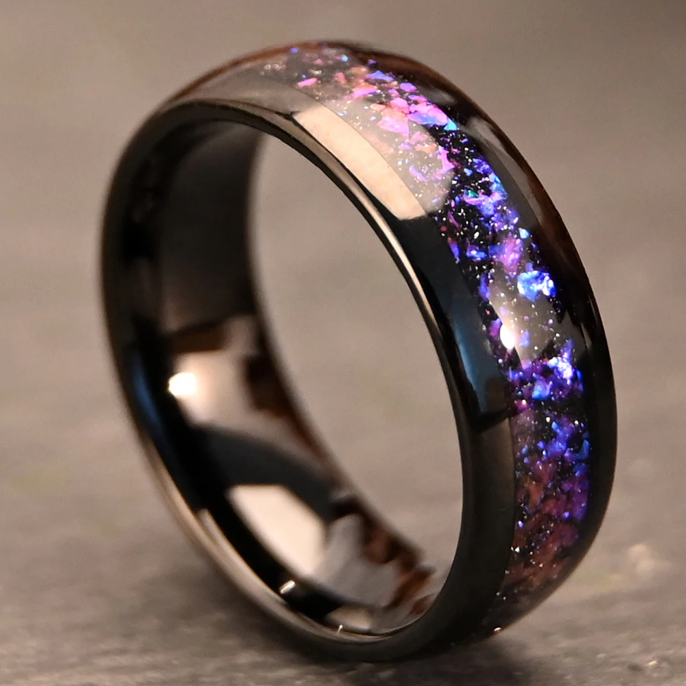 Wholesale Blue Opal Ring Gun metal Tungsten Rings For Men Women Orion Nebula Opal Galaxy Wedding Engagement Promise Band