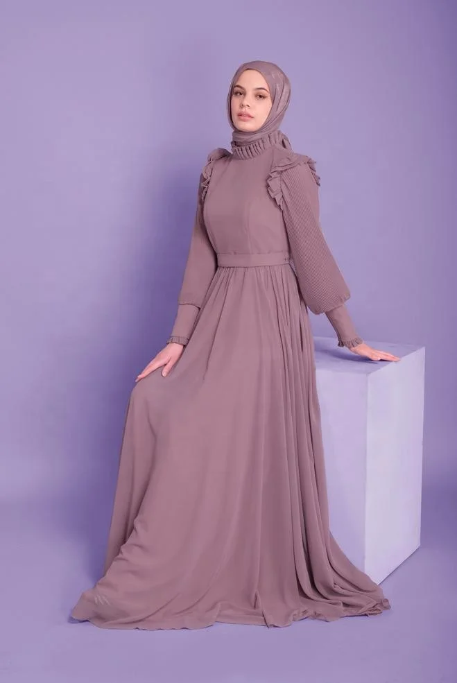 Custom design round collar gathers white balloon sleeve belted chiffon modest solid color muslim women hijab dress