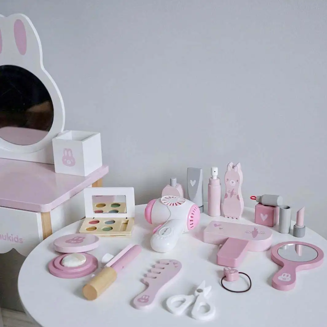 Kids Simulation Wooden Pretend Play Make Up Game Girls Dressing Table Toys