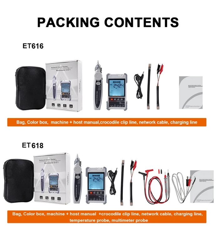 ET616 /ET618 Network Cable Tester Analogs Digital Search POE Test Cable Pairing Sensitivity Adjustable Network Cable Tester