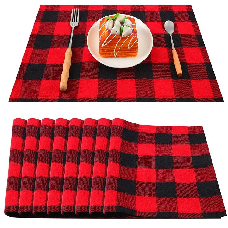 Hot Selling Cotton Linen Table Mat Placemat Checked Buffalo Plaid Dining Kitchen Table Runner And Placemat Set With Low Price