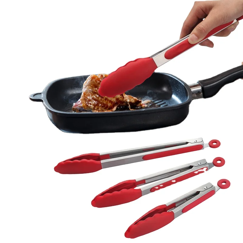 7 9 12 Inch 3 pcs 18T3 Plastic Kitchen Cooking Clamp Stainless Mini Food Tongs Set of 3 For BBQ Barbecue Cooking Tongs