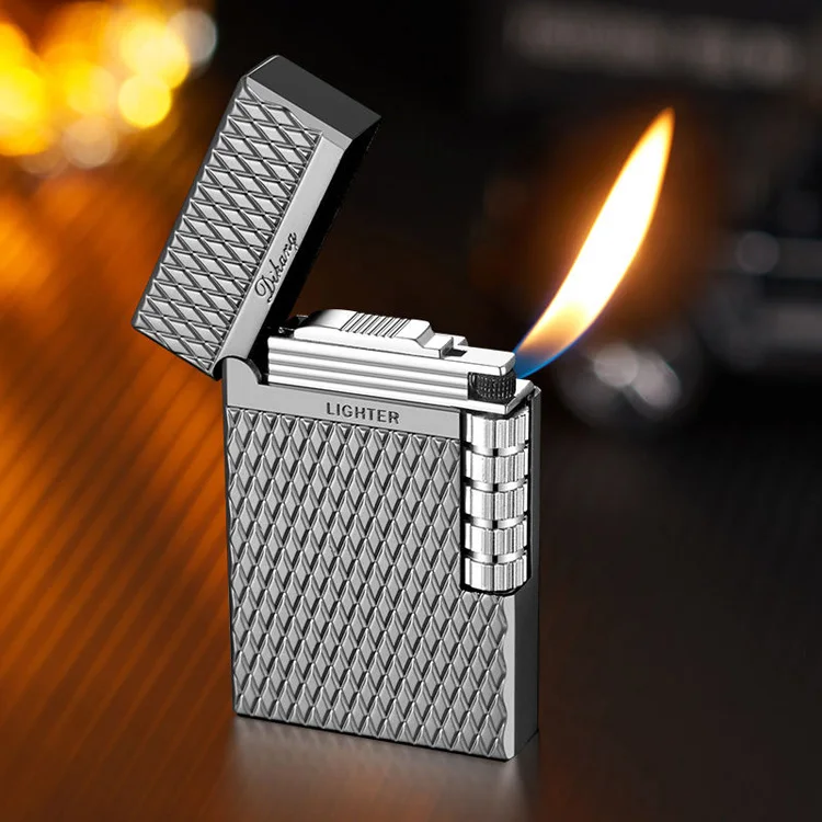 wholesale Steel sound side sliding wheel oblique fire lighter refilled butane gas diamond lattice high-grade lighter
