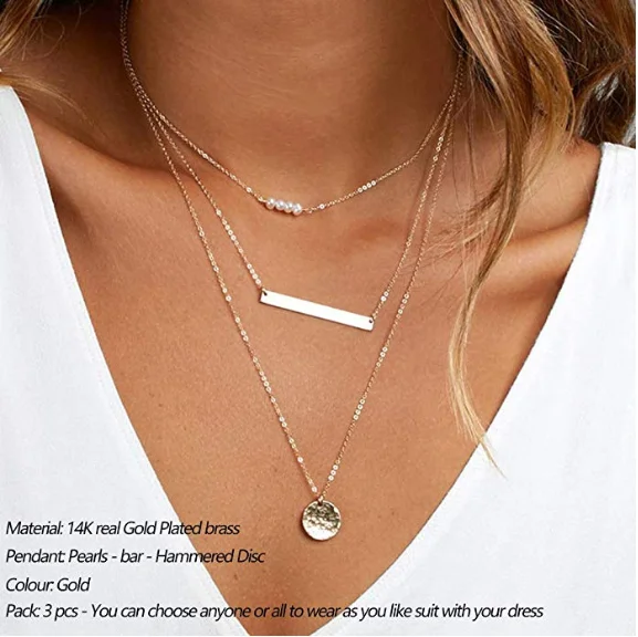 V&R 14K Gold Plated Y Pendant Pearl Necklace Multilayer Bar Disc Necklace Adjustable Layering Choker Necklaces For Women